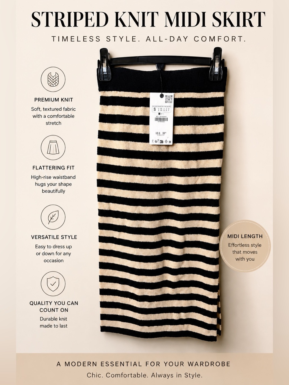 Zara Striped Knit Midi Skirt Black Cream Stretch Size S NWT